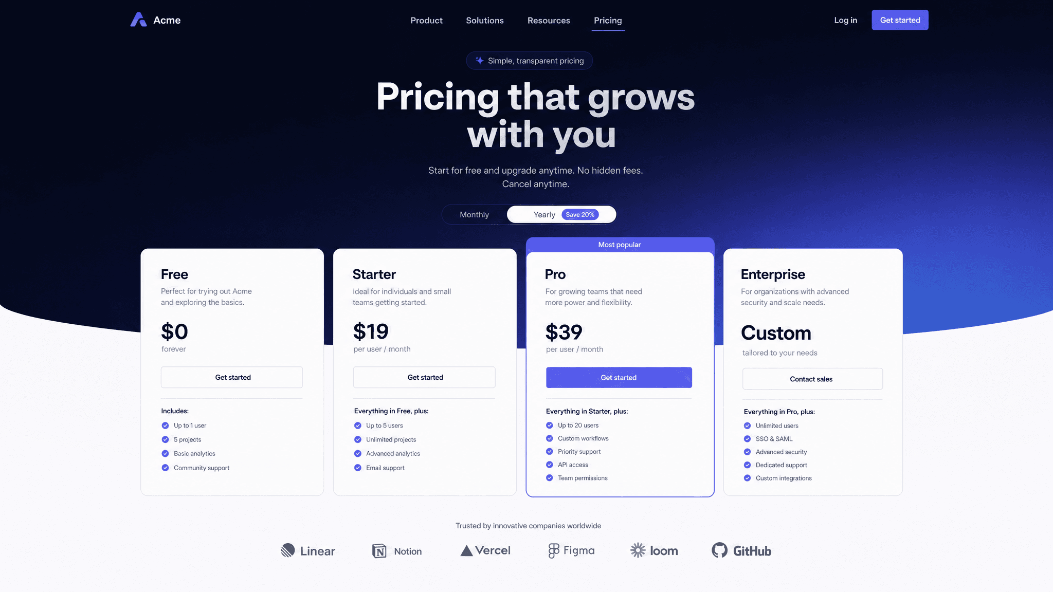 Pricing page template preview
