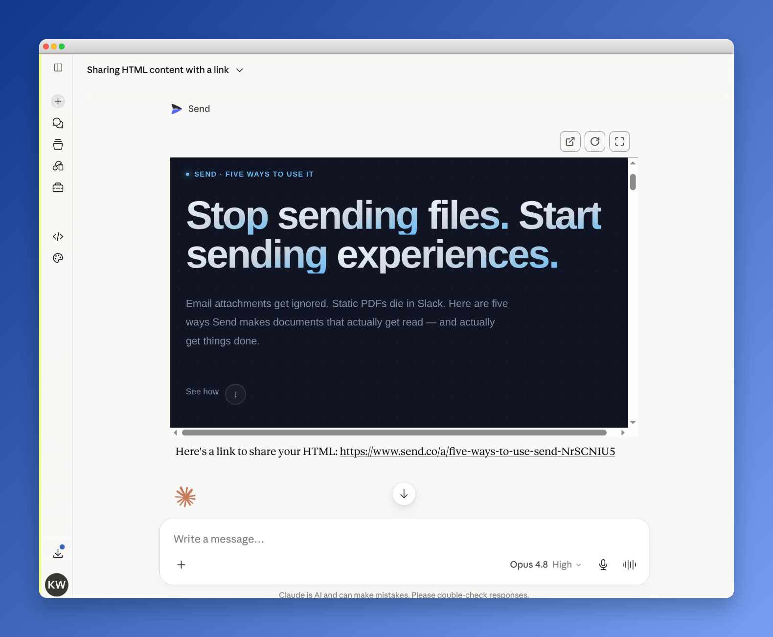Claude building an HTML landing page in chat and returning a Send link to share it