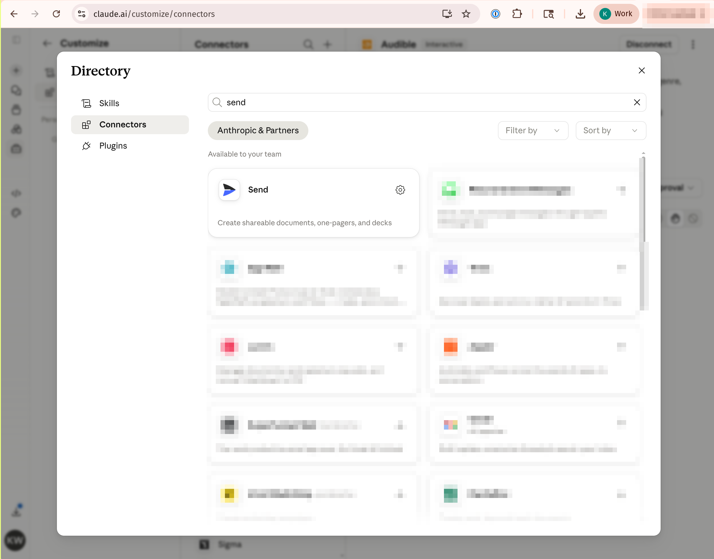 The Send connector in Claude's directory, listed under Anthropic & Partners