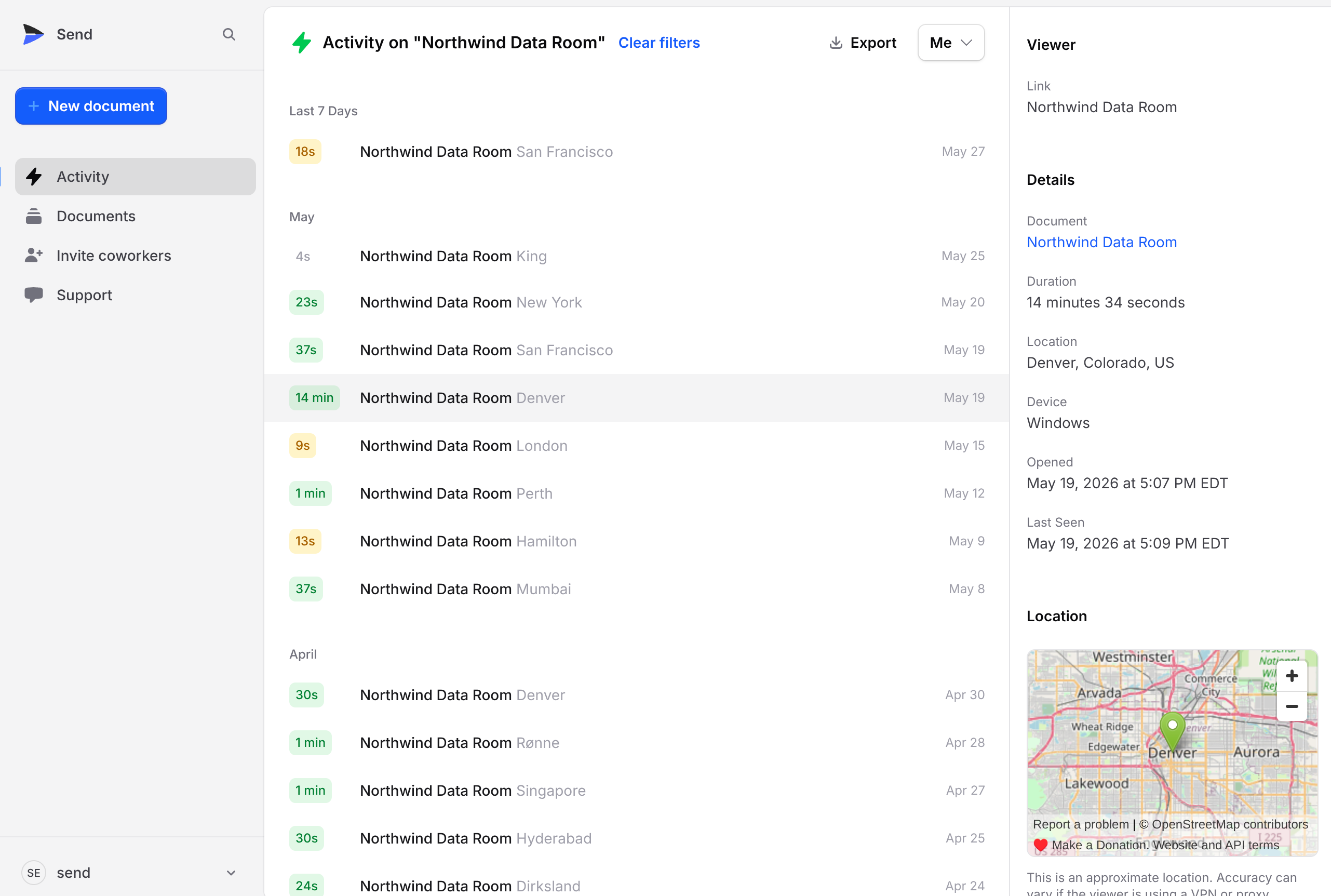 Send's activity view, showing each viewer's location, time on the page, and the date they opened it